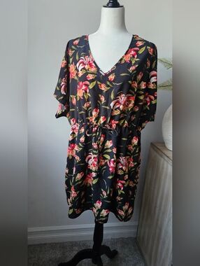 Mario Serrani Black Floral V-Neck Drawstring Mini Dress